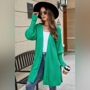 Lantern Sleeve Rib-Knit Open Front Longline Cardigan